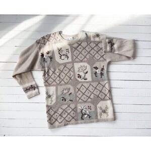 vintage beige cream floral patchwork wool angora embroidered sweater‎